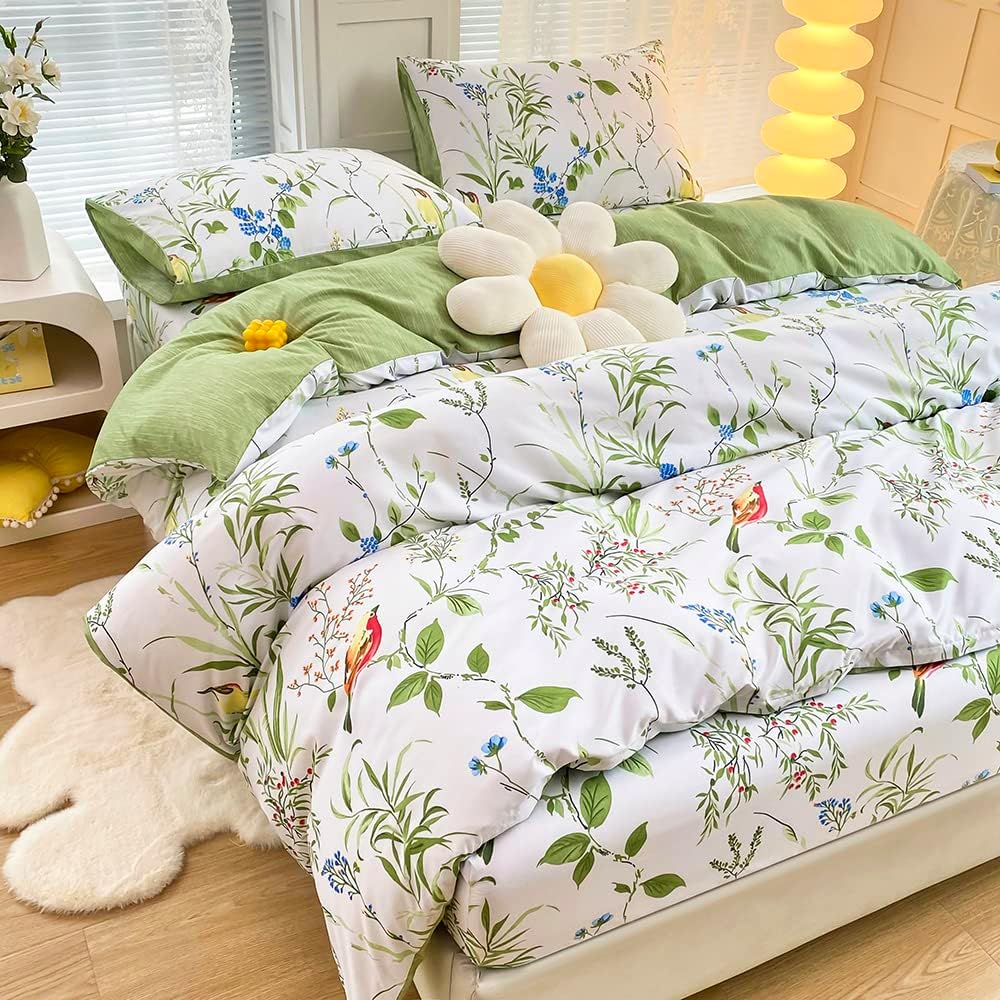 Housse de Couette 220x240 Fleurs Feuilles Motif Coloré Vert Blanc Floral Parure de Doux Microfibre Lit Linge avec Taies d'oreiller 50x75 cm - 2