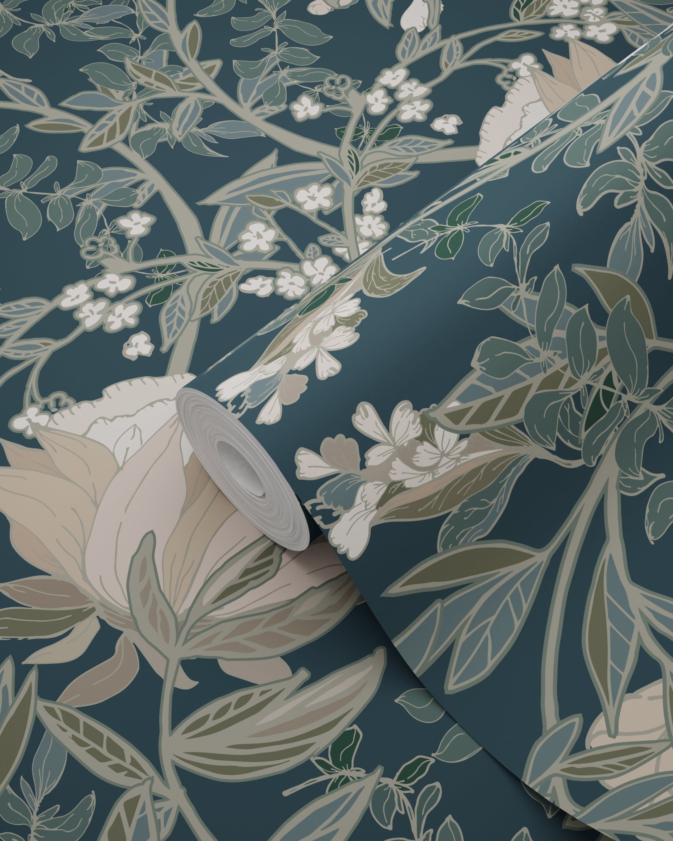 Papier peint fleurs vintage de style art nouveau bleu foncé - 53 cm x 10.05 m - ESTAhome - 7