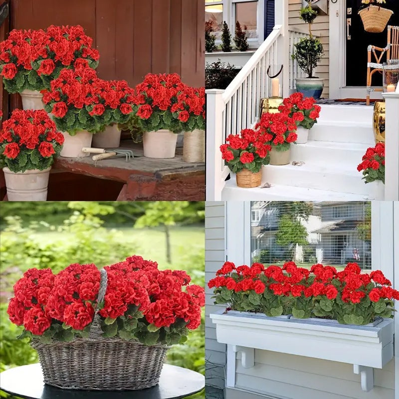 Paquete de 5 flores artificiales de geranio y begonia para bodas, flores y plantas artificiales, rojo, 35 cm - 6