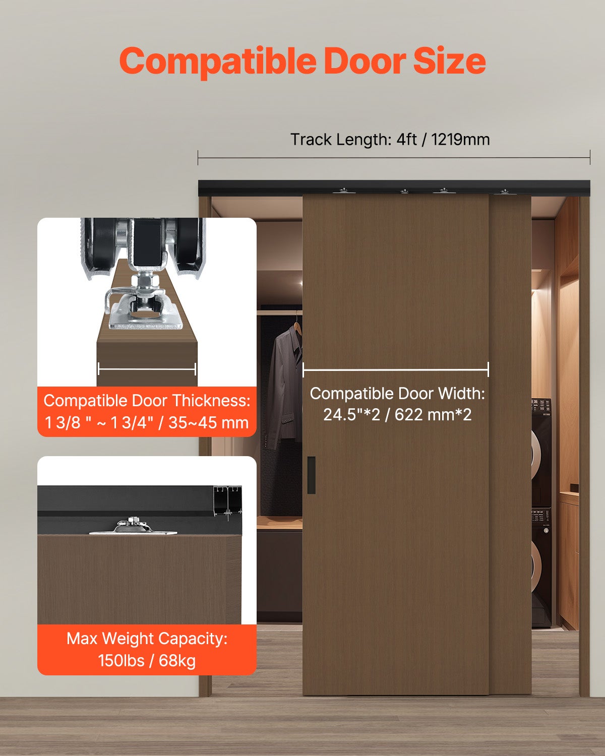 Kit Herrajes para Puerta Corredera 1219 mm,VEVOR Kit Rail en Aleación Aluminio con Manijas de Dedo,Sistema de 2 Puertas,para Grosor Puerta 35-45 mm - 2