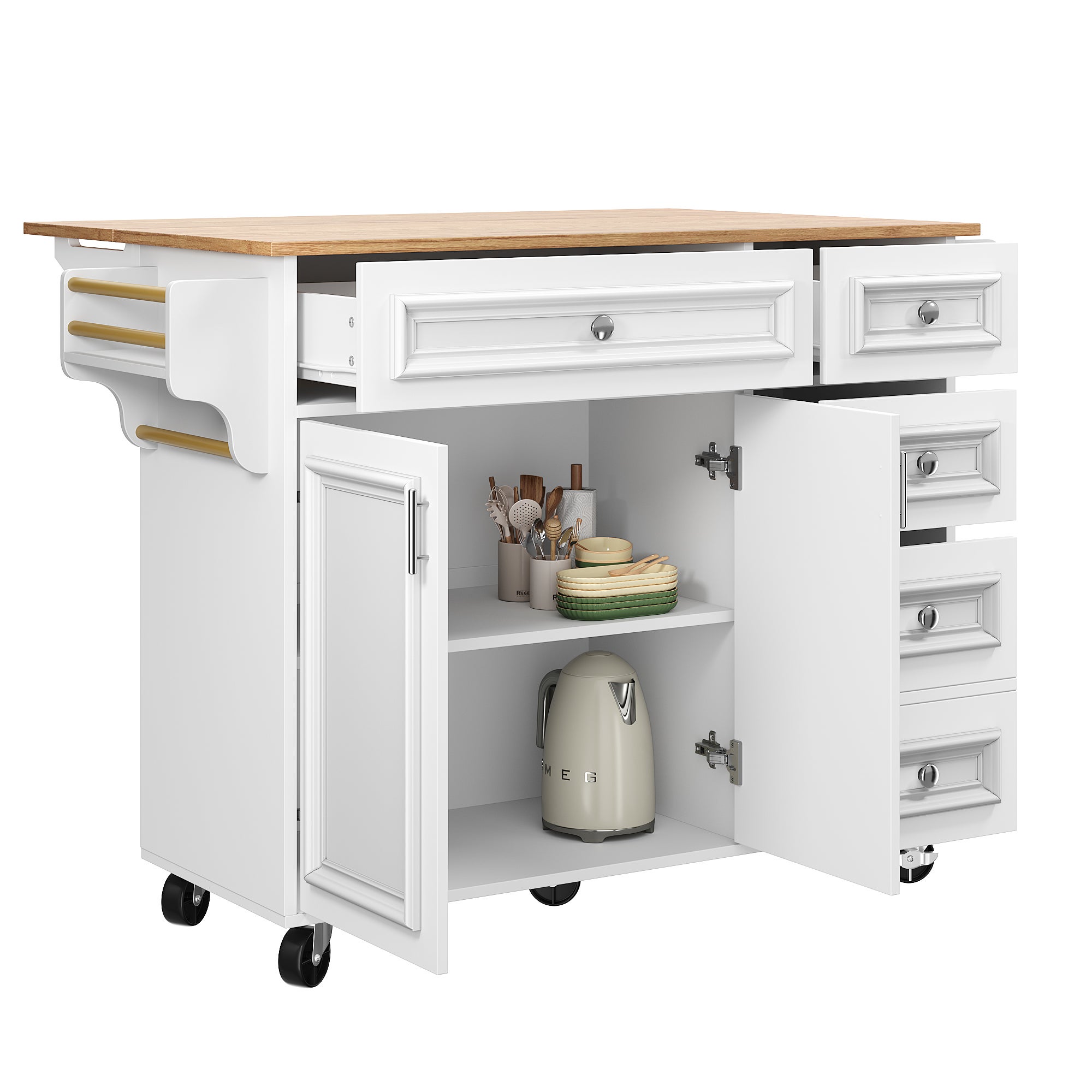 Ilot central de cuisine moderne 130x45x92cm - 5 tiroirs et 2 portes - plateau extensible - avec roulettes - Blanc - 9