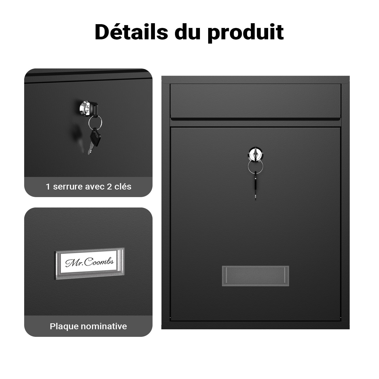 Boîte aux lettres murale verrouillable V10 noire pour courrier, 260 x 90 x 350 mm, Revêtement par poudre, Fente 24 x 4 cm, avec Wiltec - 7