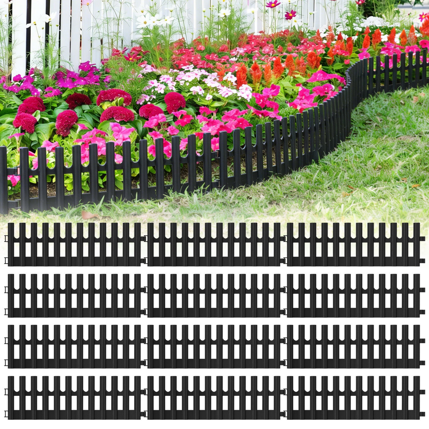 Krawędź ogrodowa – zestaw 12 elementów 43 x 13 cm – łącznie 5,2 metra – ogrodzenie z elastycznego tworzywa sztucznego – kolor czarny