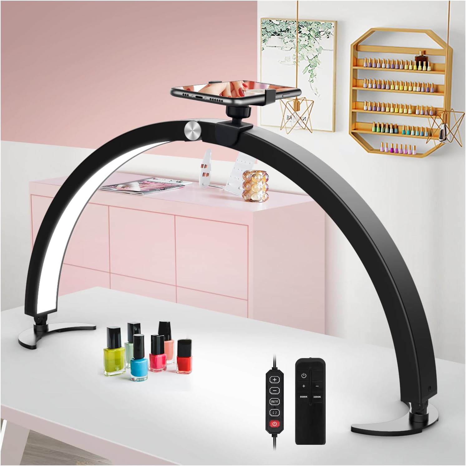 Lampe d’Esthéticienne Demi-lune sur Pied, Lampe LED Arc pour Extension de Cils 58,4 cm