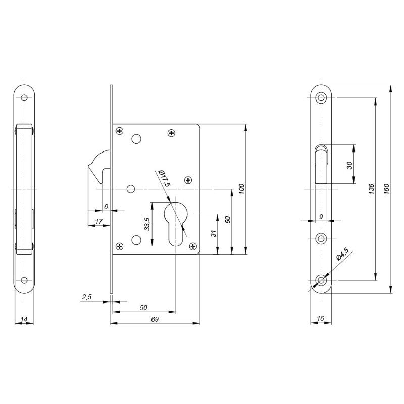 Kit serrure pour cylindre Yale, poignée ronde, acier finition chromé - 4