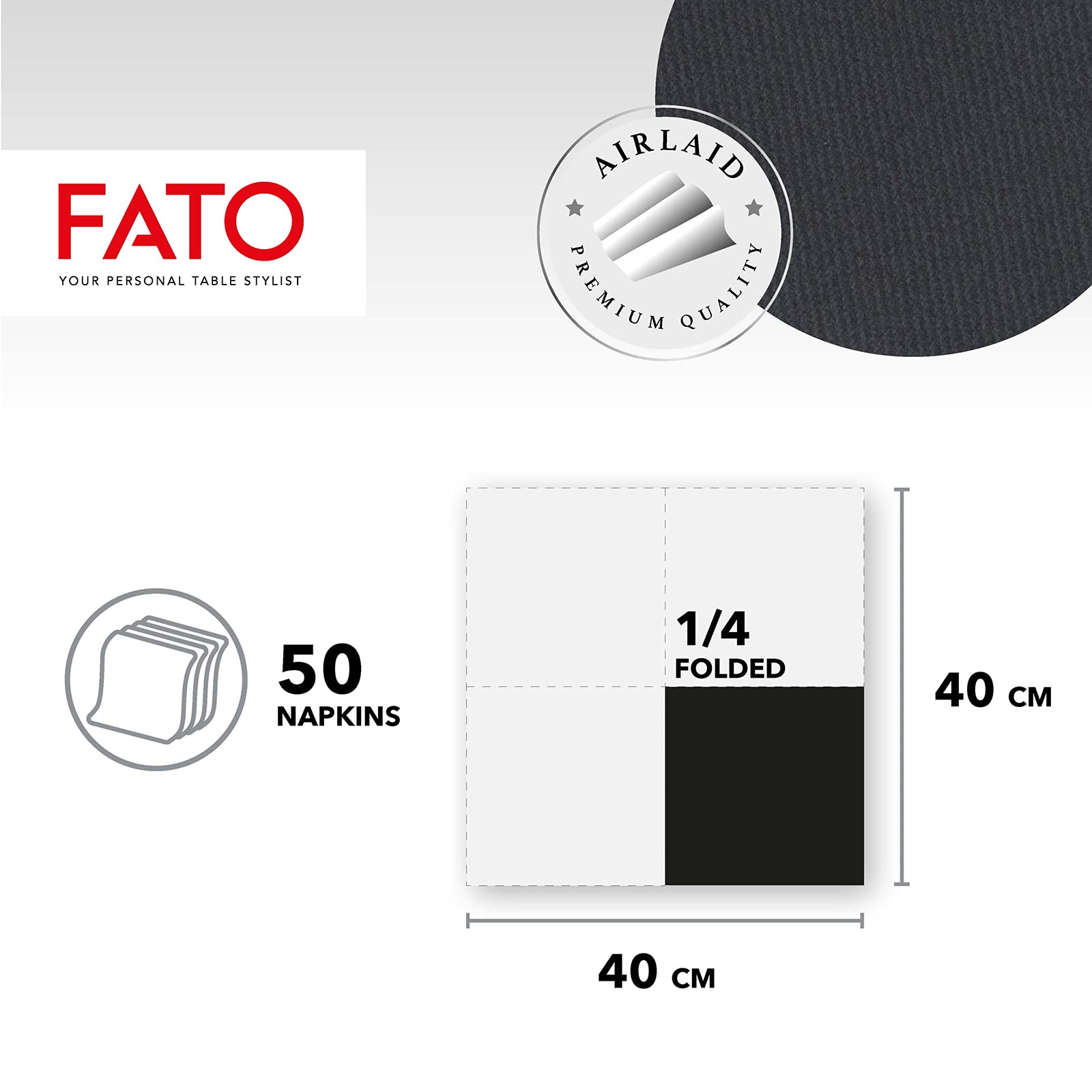 Fato - Tovaglioli in Carta a secco, Airlaid, Effetto Tessuto, Confezione da 50 tovaglioli, Formato 40x40 piegato in 4, Colore Nero - 2