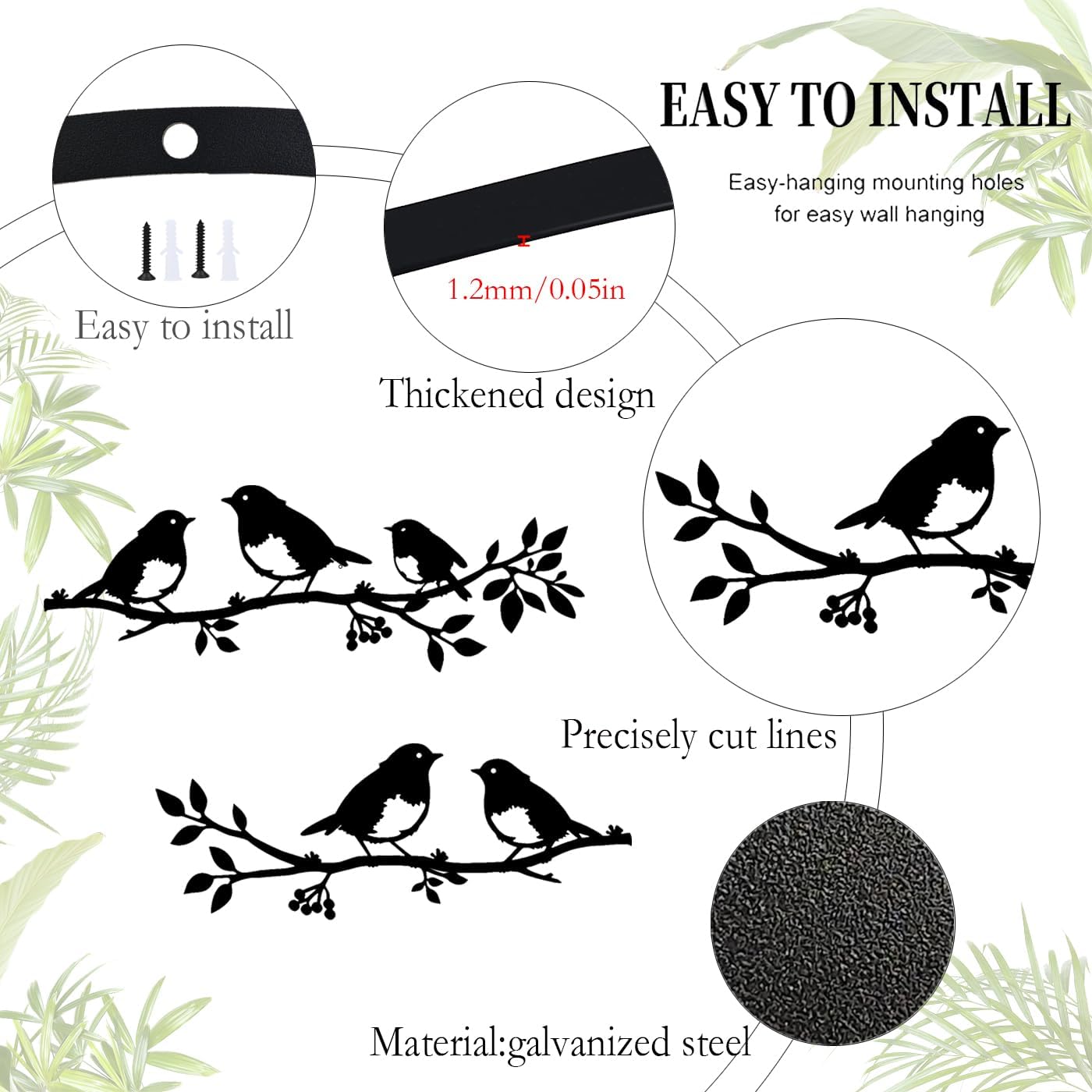 Lot de 2 oiseaux muraux en métal sur une branche,Décoration murale oiseaux en métal,Décoration murale en forme de feuilles avec silhouette d'oiseaux - 3