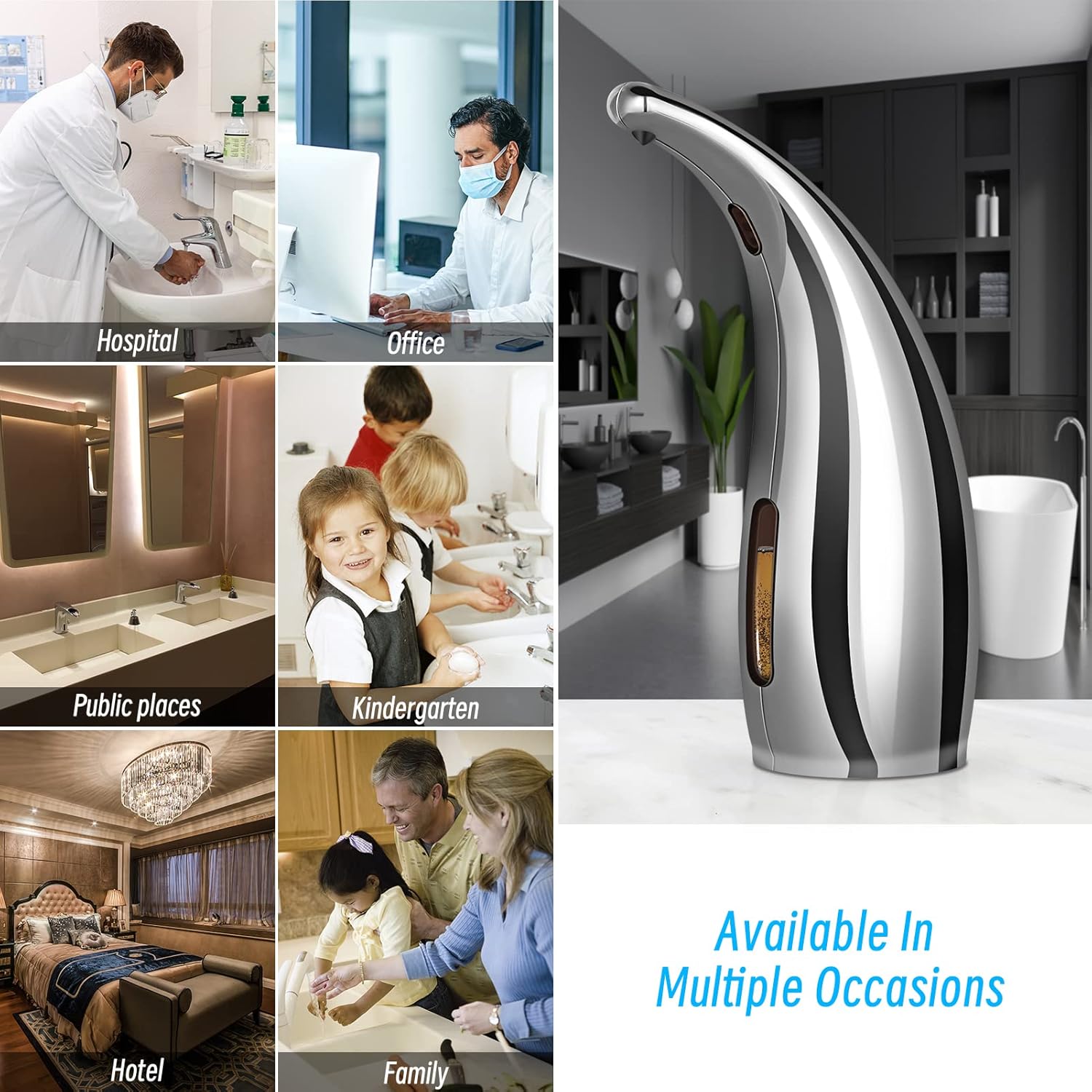 Questo distributore automatico di sapone in argento galvanizzato è un distributore di sapone con sensore a infrarossi senza contatto e grado di imper - 5