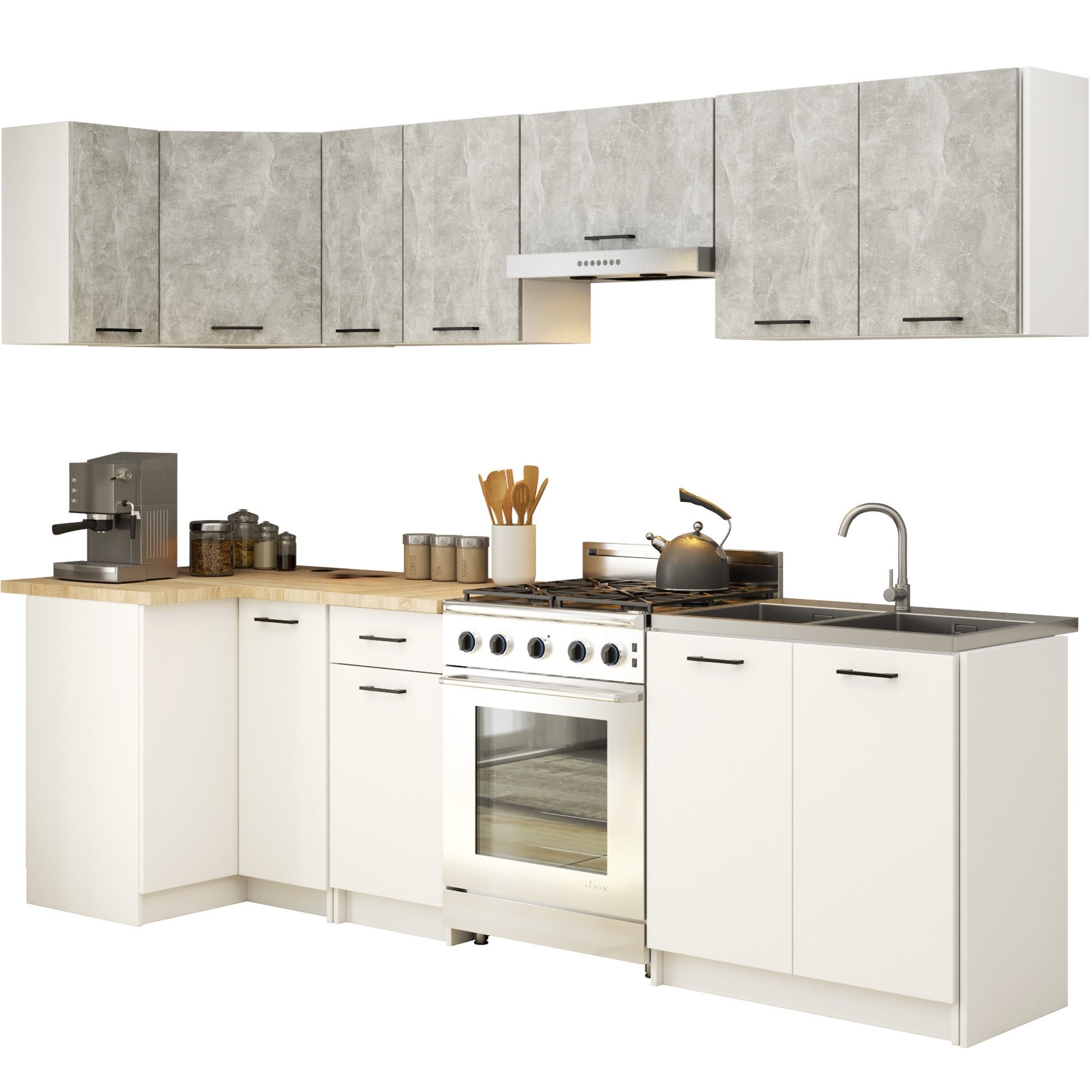 Zestaw kuchenny narożny OLIWIA 3.0m Szary Beton 300 cm 11 drzwi 1 szuflada kolor Biały mat 16 półek 300x46x203 cm