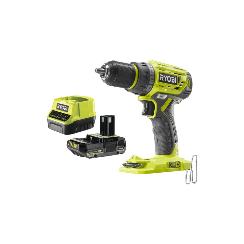 Pack RYOBI Perceuse-Visseuse R18DD2 18V ONE+ - 2 Batteries 2.0Ah + Chargeur + Coffret 31 Accessoires Antichoc - Idéal Bricolage
