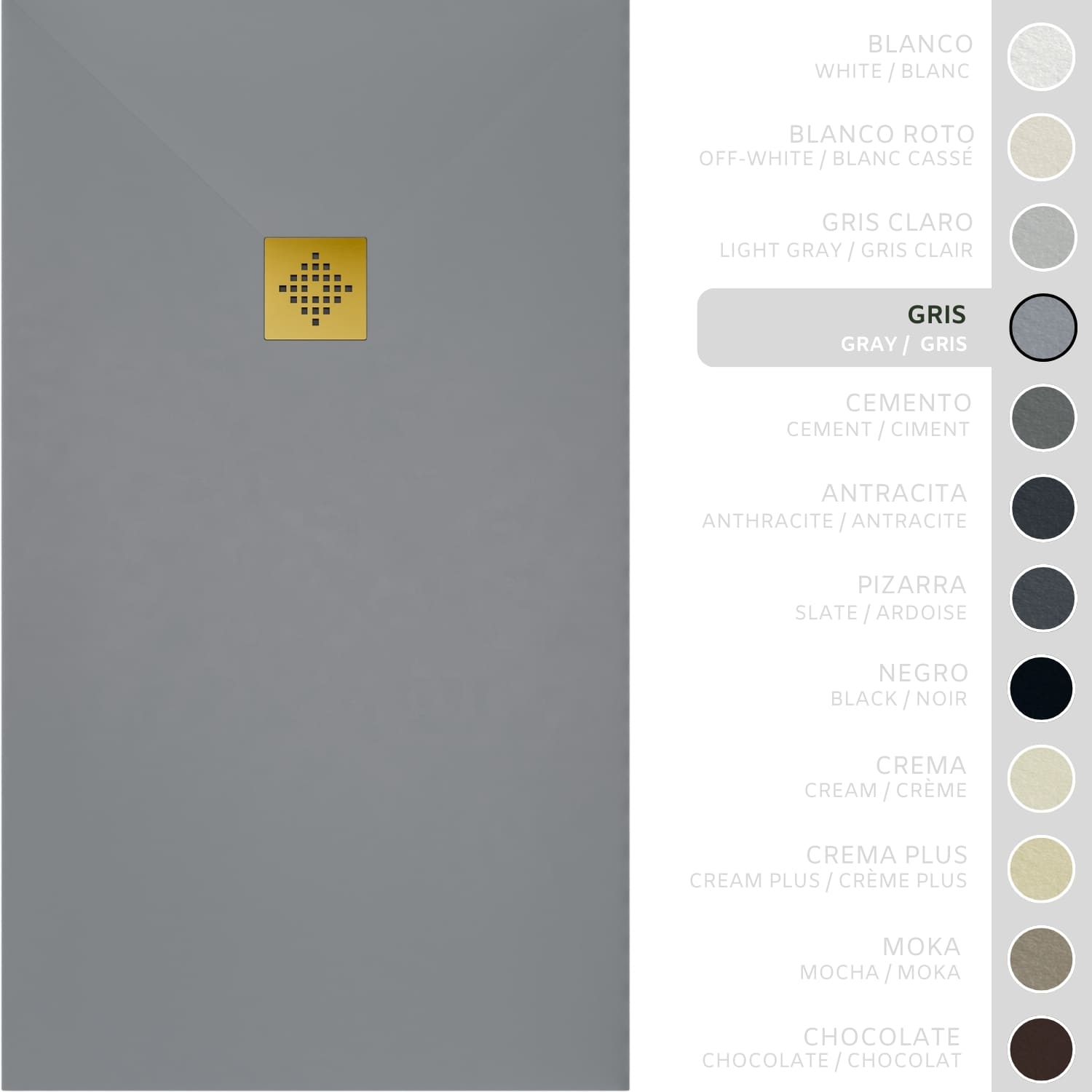 SOULHOME Brodzik prysznicowy– Żywica– Gel Coat– Gładka/Kamienna tekstura – Antypoślizgowy – szary – 120x80- Niski 3 cm– Ruszt Złoty