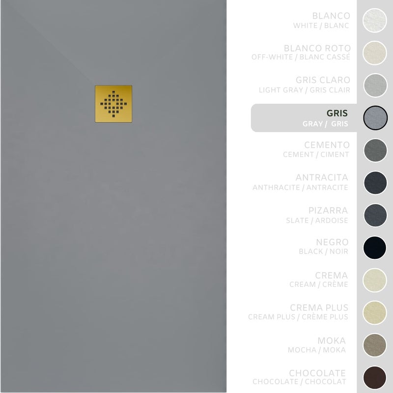 SOULHOME Brodzik prysznicowy– Żywica– Gel Coat– Gładka/Kamienna tekstura – Antypoślizgowy – szary – 80X75- Niski 3 cm– Ruszt Złoty