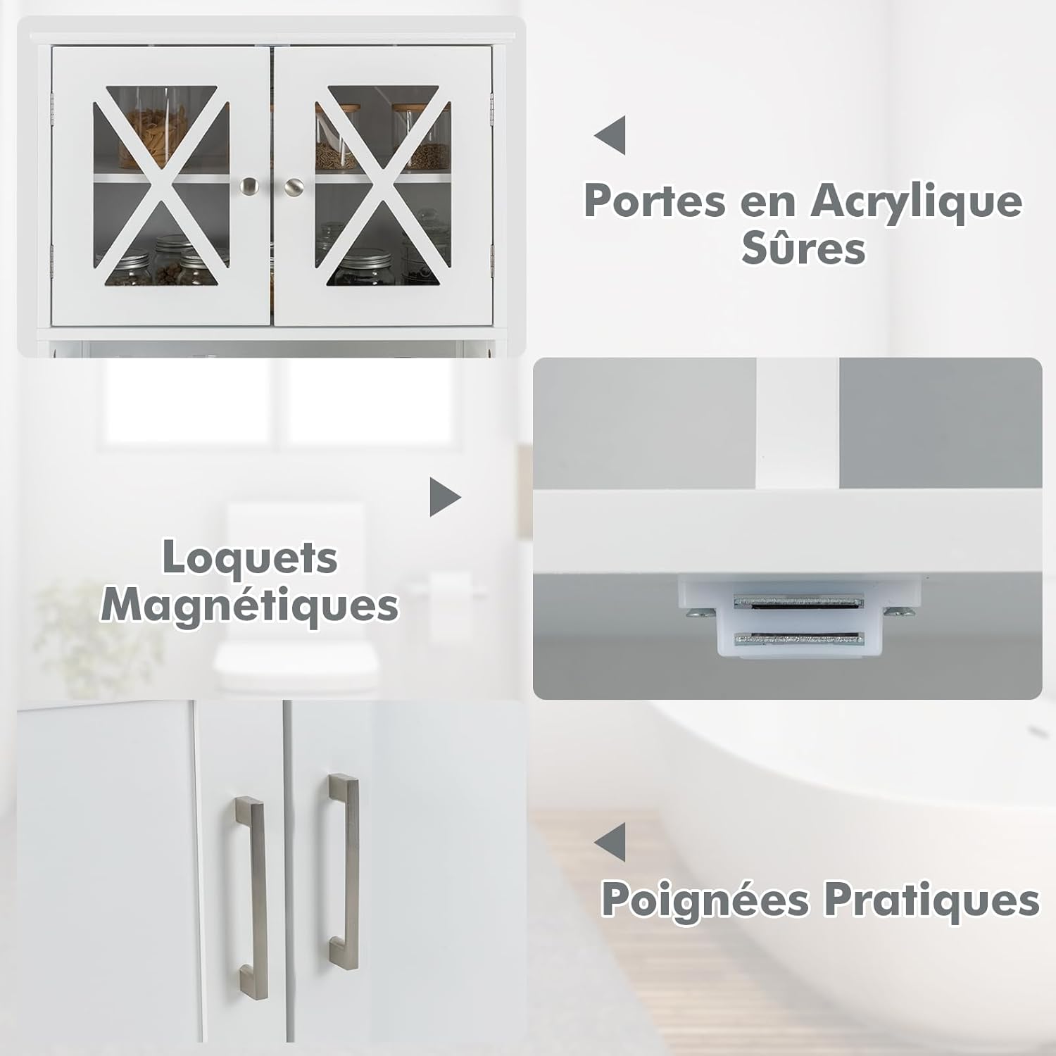 Armario de Baño de 145 cm de Altura, Armario Independiente con Puertas Acrílicas y Estantes Ajustables, 3 Compartimentos Abiertos, Organizador de - 6