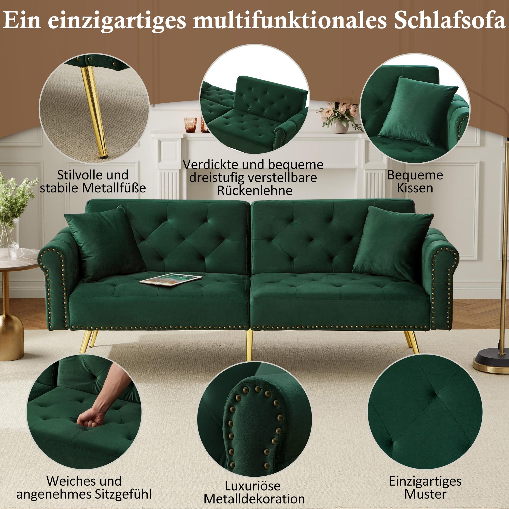 Divano letto a 2 posti in velluto - 173 x 75 x 70 cm - Gambe in metallo dorato - con funzione sleep - Verde antico - 6