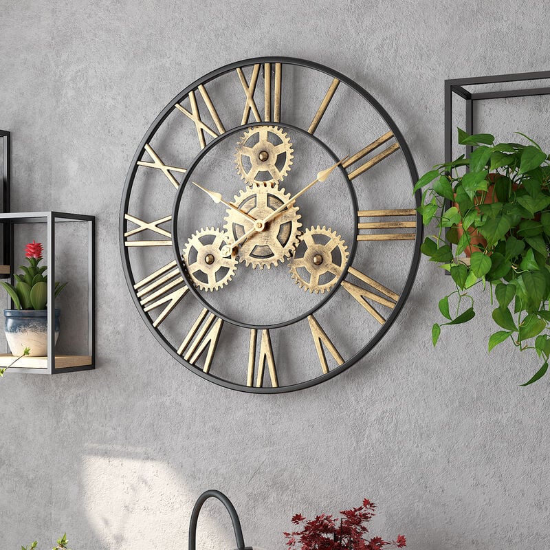 50 cm Noire Industrielle Bois Vintage Pendule Murale Steampunk Chiffres Romains pour Salon Bar Bureau - 4