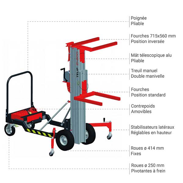 Potence de levage mobile à fourches inversées - Levée max 5m - Charge 200kg - Manutention sur chantier et atelier - 300880 - 3