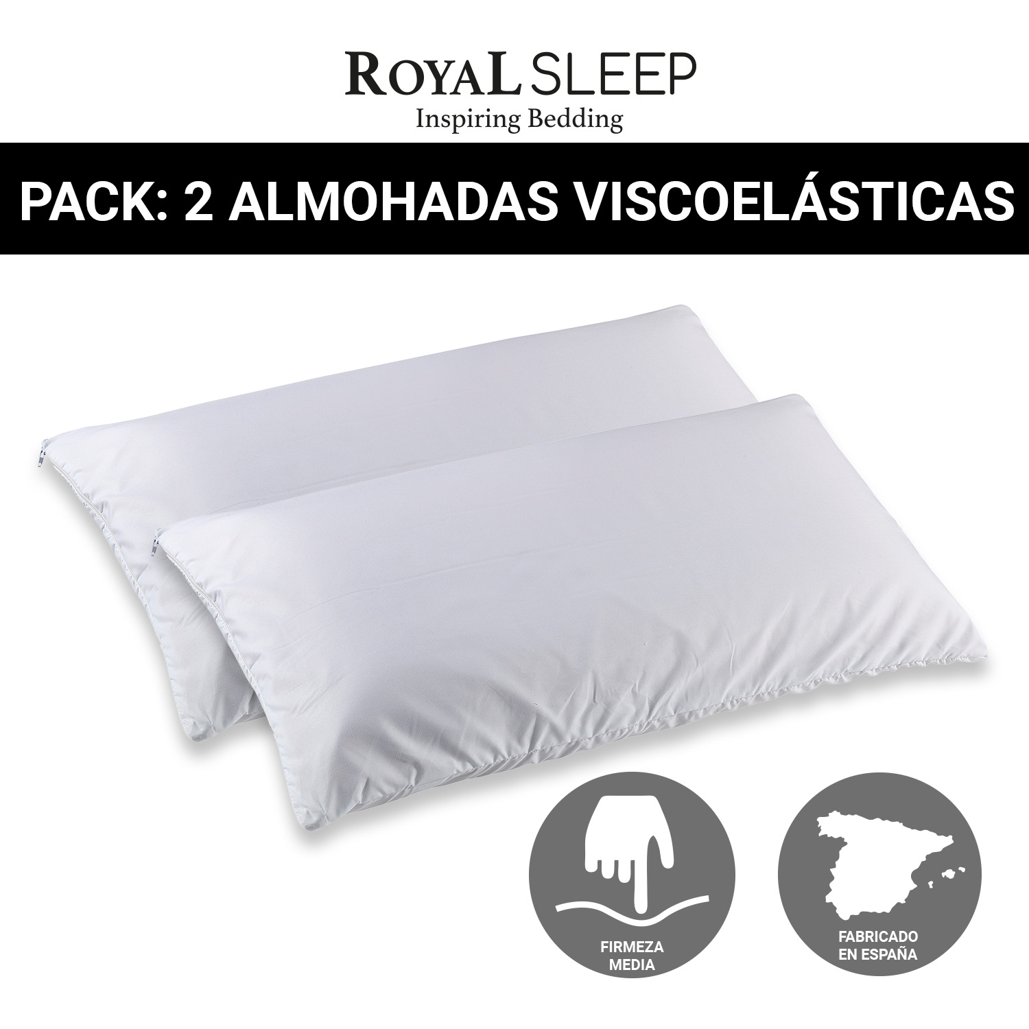 Pack 2 almohadas viscofeel, royal sleep, viscoelástica, firmeza media, adaptabilidad total, fabricada bajo estrictas certificaciones de calidad 90 cm