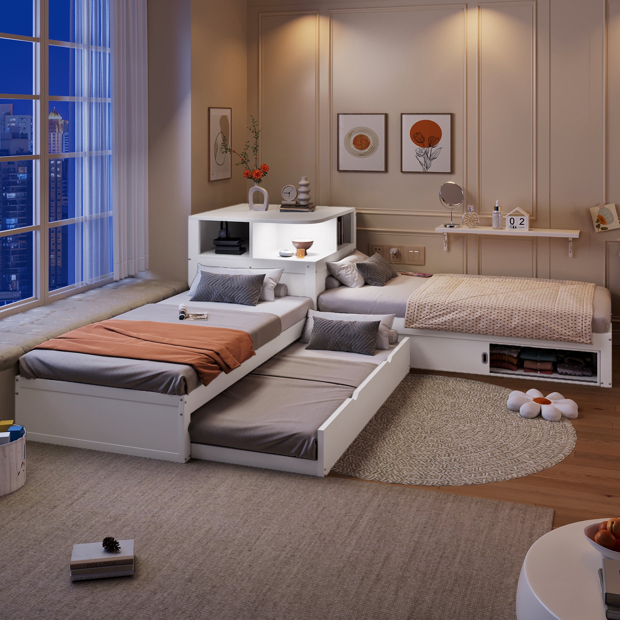 Lit plateforme 2x90x200cm avec lit gigogne 90x190cm, lit enfant avec armoire de rangement. lit double Sommier à lattes, blanc - 6