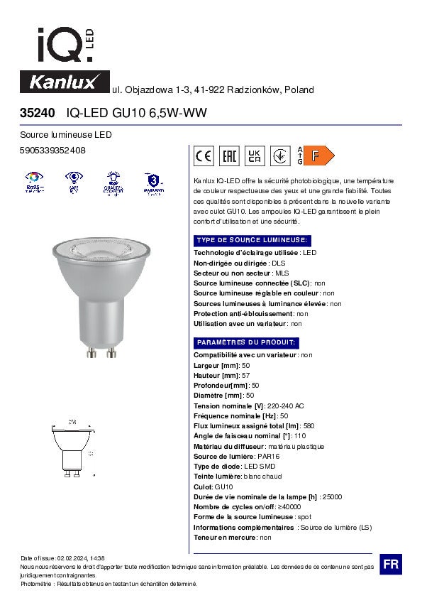 Lampada LED GU10 6,5W – Spot bianco caldo 580lm Kanlux IQ-LED - 6
