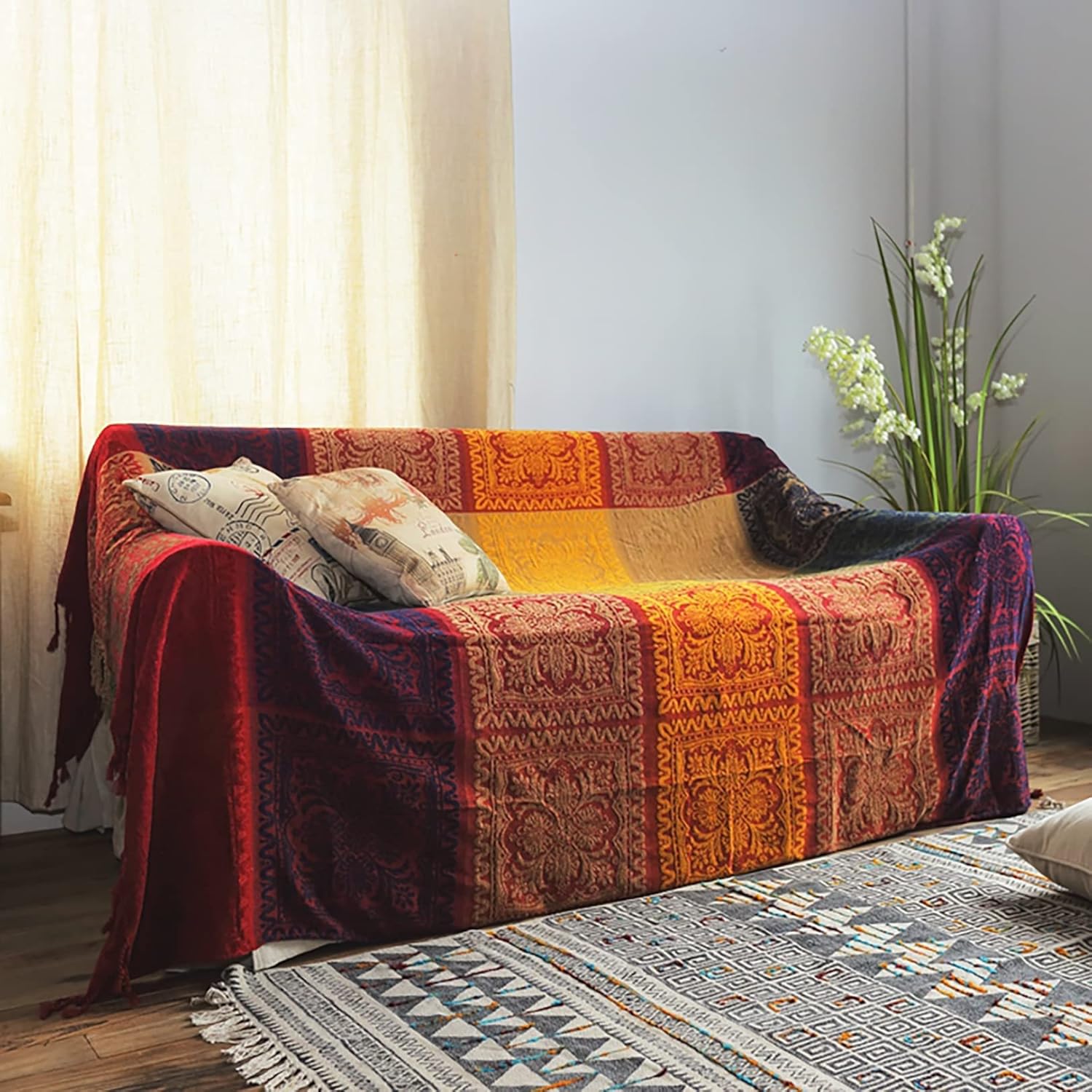MRBRON Coperta Bohémien Con Pompon E Nappe 150x240 Cm - Morbida E Calda Per Divano E Letto, Colore Arancione
