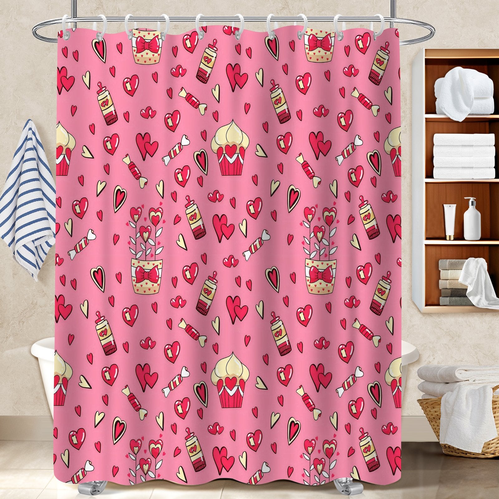 LB Rideau de douche « Happy Valentines Day » - Motif cœurs rouges tombants - Ballons à pois sur fond vintage en bois - Ensemble de salle de bain avec 12 crochets