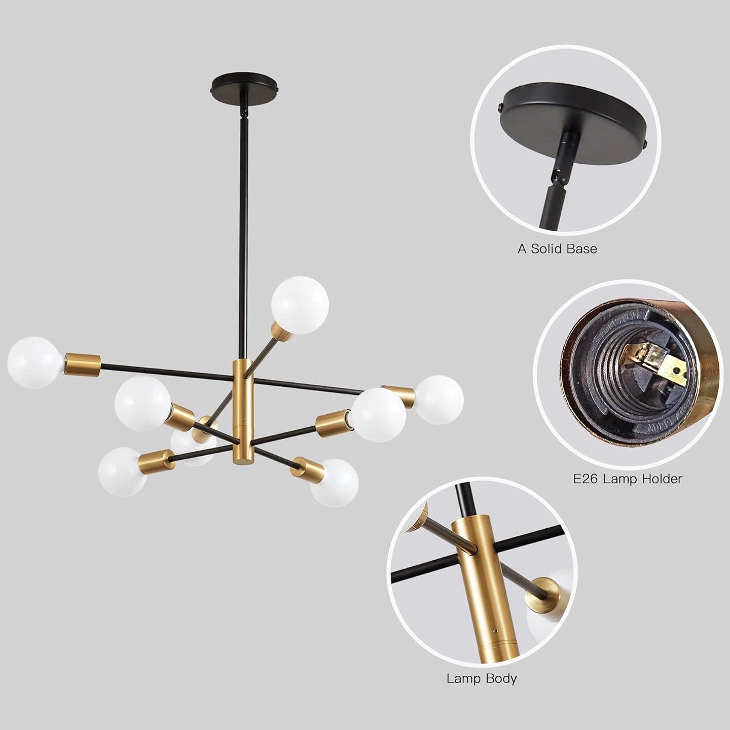 Żyrandol Sputnik, lampa wisząca 8-punktowa, lampa sufitowa w stylu retro industrial, nowoczesny żyrandol, czarno-złoty (bez białej żarówki) - 5