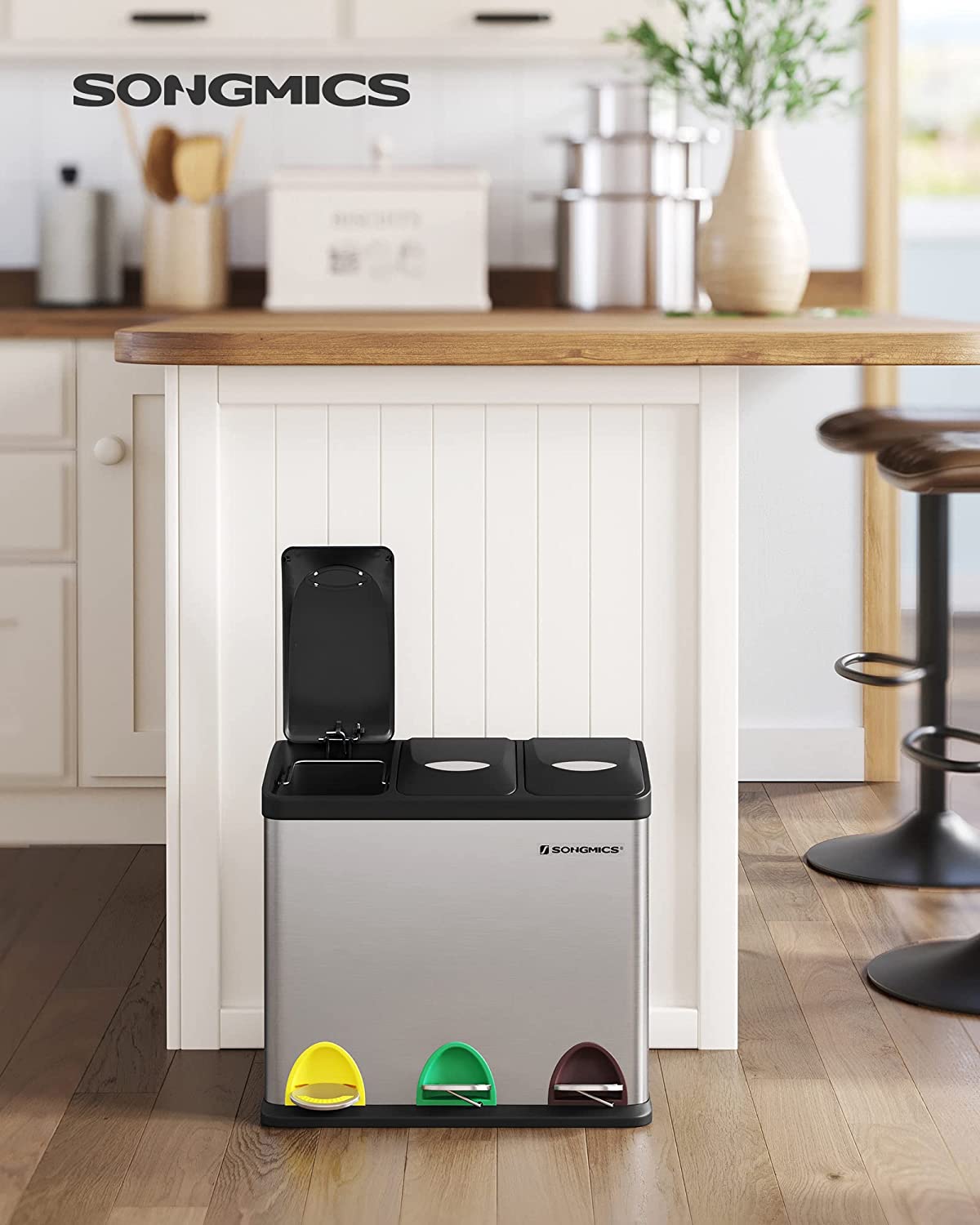 Poubelle De Recyclage, Poubelle À Pédales 3-en-1, Poubelle 24l En Métal, Pour Cuisine, Argent - 2