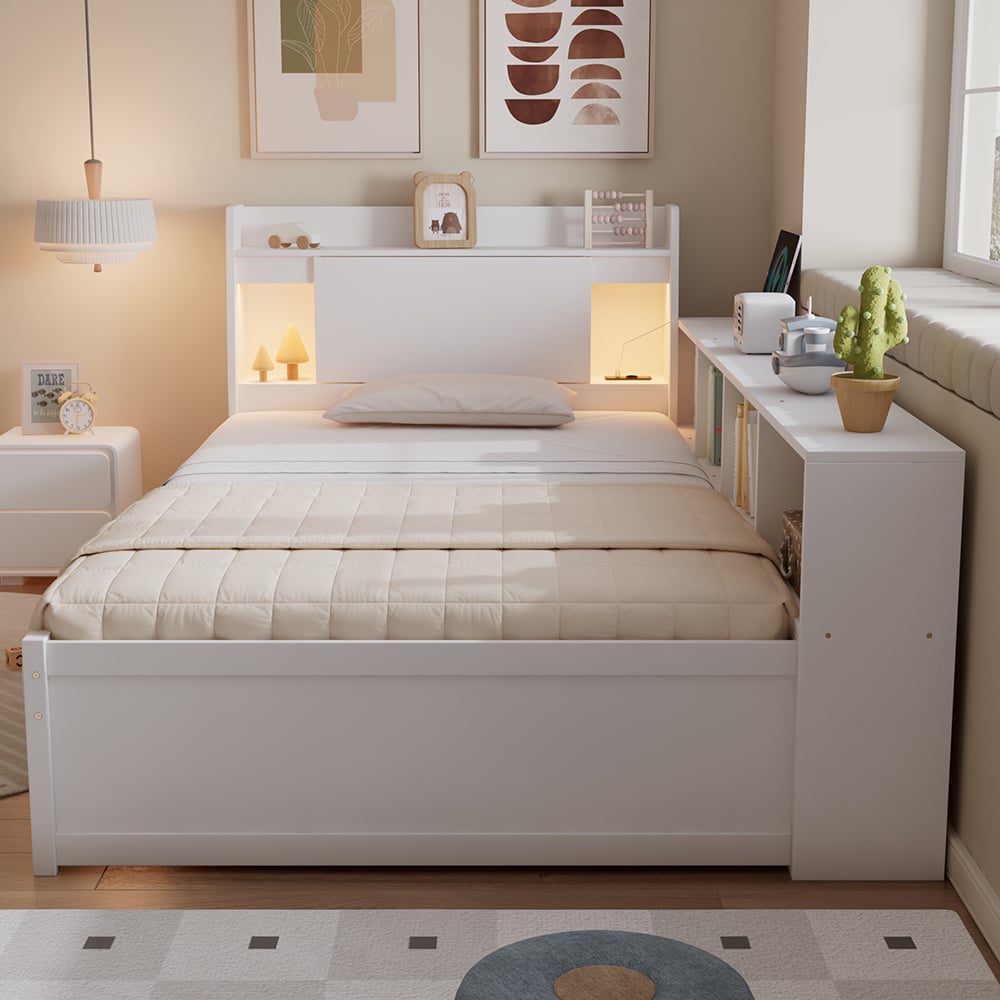Łóżko dziecięce 90 x 200 cm ze schowkami + 2 lampki, gniazdo ładowania, białe