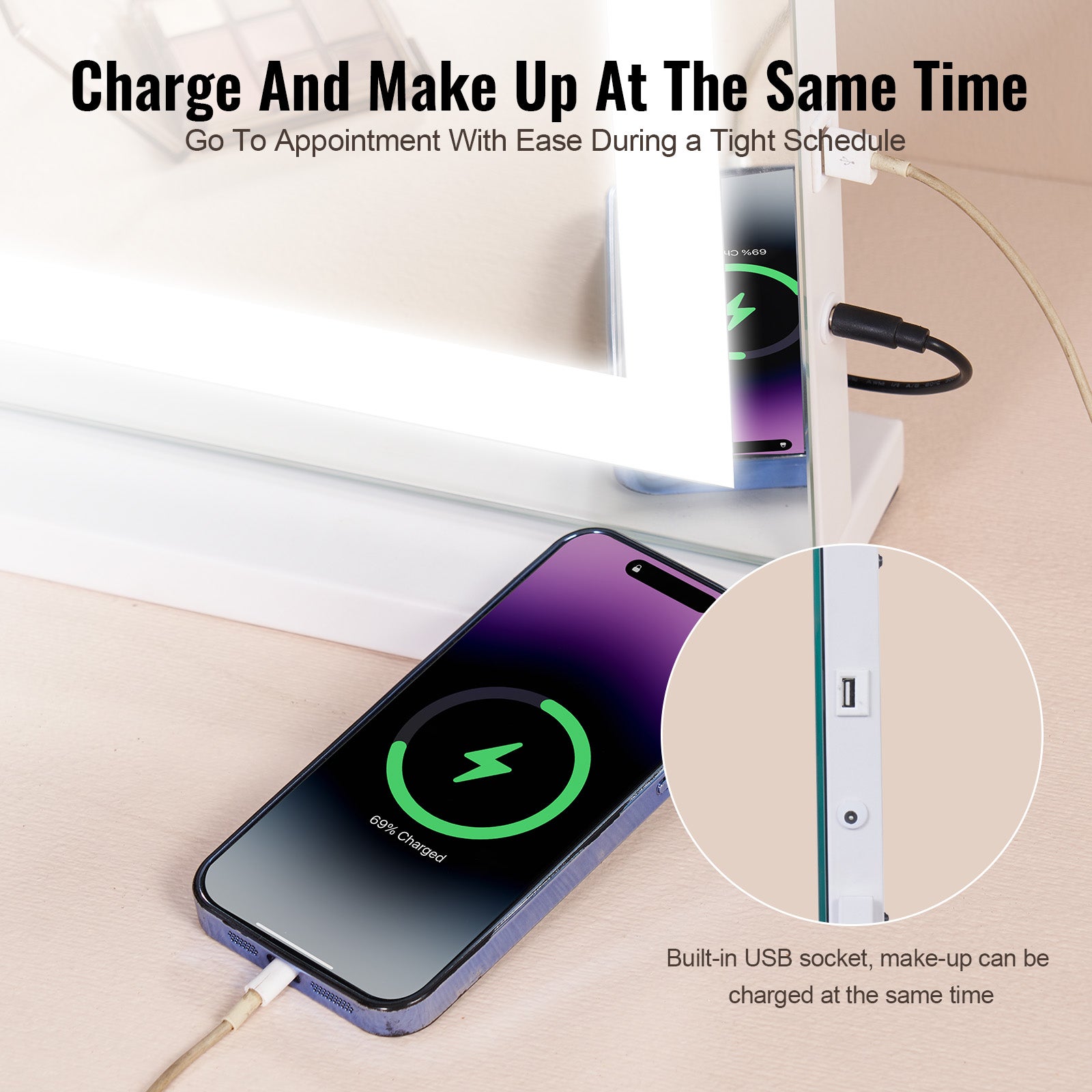 Miroir de Maquillage Hollywood,VEVOR 3 Modes Couleur,Lumière LED Studio Cosmétique,Miroir Grossissant 5X,Port USB,Contrôle Tactile,Support - 6