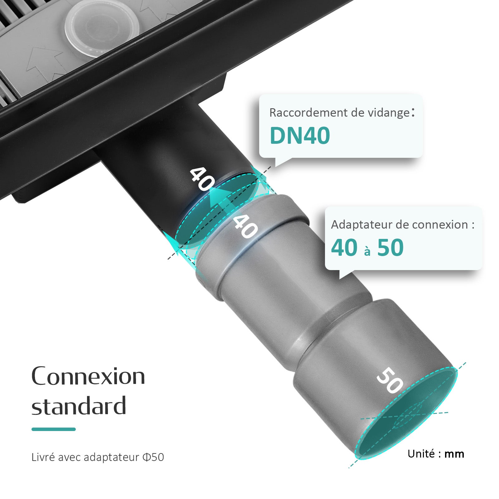 EMKE Caniveau de douche noir 60 cm en acier inoxydable, kit d’évacuation ultra-fin avec siphon anti-odeurs et filtre à cheveux – évacuation latérale - 3
