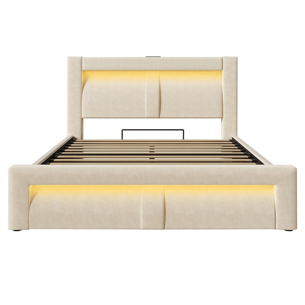 Cama hidráulica con iluminación LED controlada por aplicación, puertos de carga USB y Type-C, terciopelo, beige - 160 x 200 cm. - 5