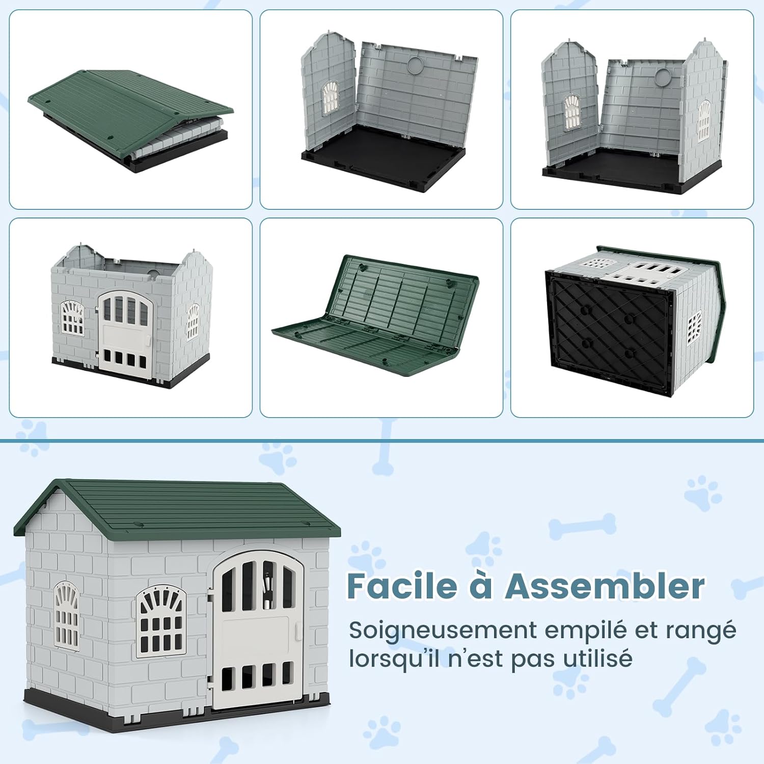 Niche para Cão Exterior XXL em PP, Cabana para Cão Impermeável e Ventilada, 3 Janelas, Piso Elevado, Gaiola para Cachorros, 75x58x65CM (Verde) - 7