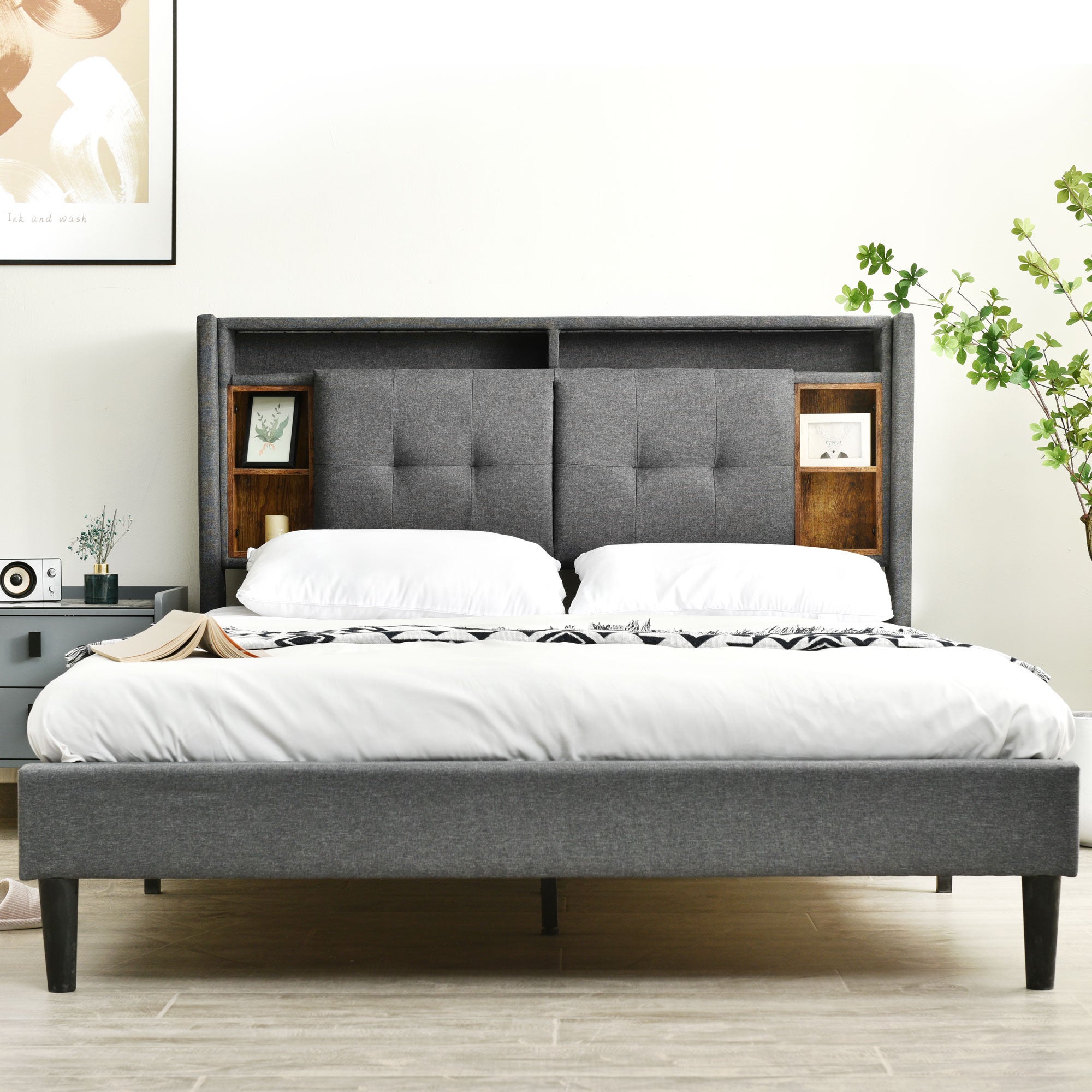 Podwójne łóżko z poduszką - 160 x 200 cm - Ładowanie przez USB i oświetlenie LED - Szary - Materac w zestawie