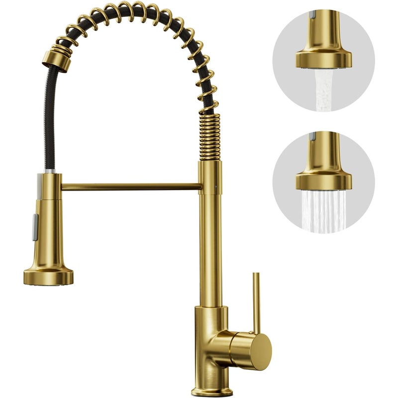 Złota bateria kuchenna – 2-funkcyjna bateria zlewozmywakowa z wyciąganą wylewką – obrotowa bateria sprężynowa 360°