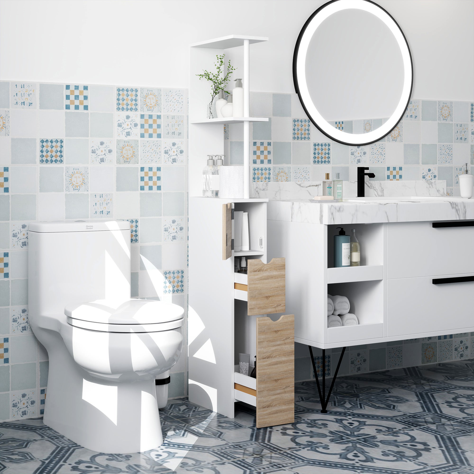 Meuble colonne salle de bain armoire de salle de bain avec tiroirs étagères ouvertes placard 15 x 33 x 136,8 cm blanc - COMFORTXL - 3