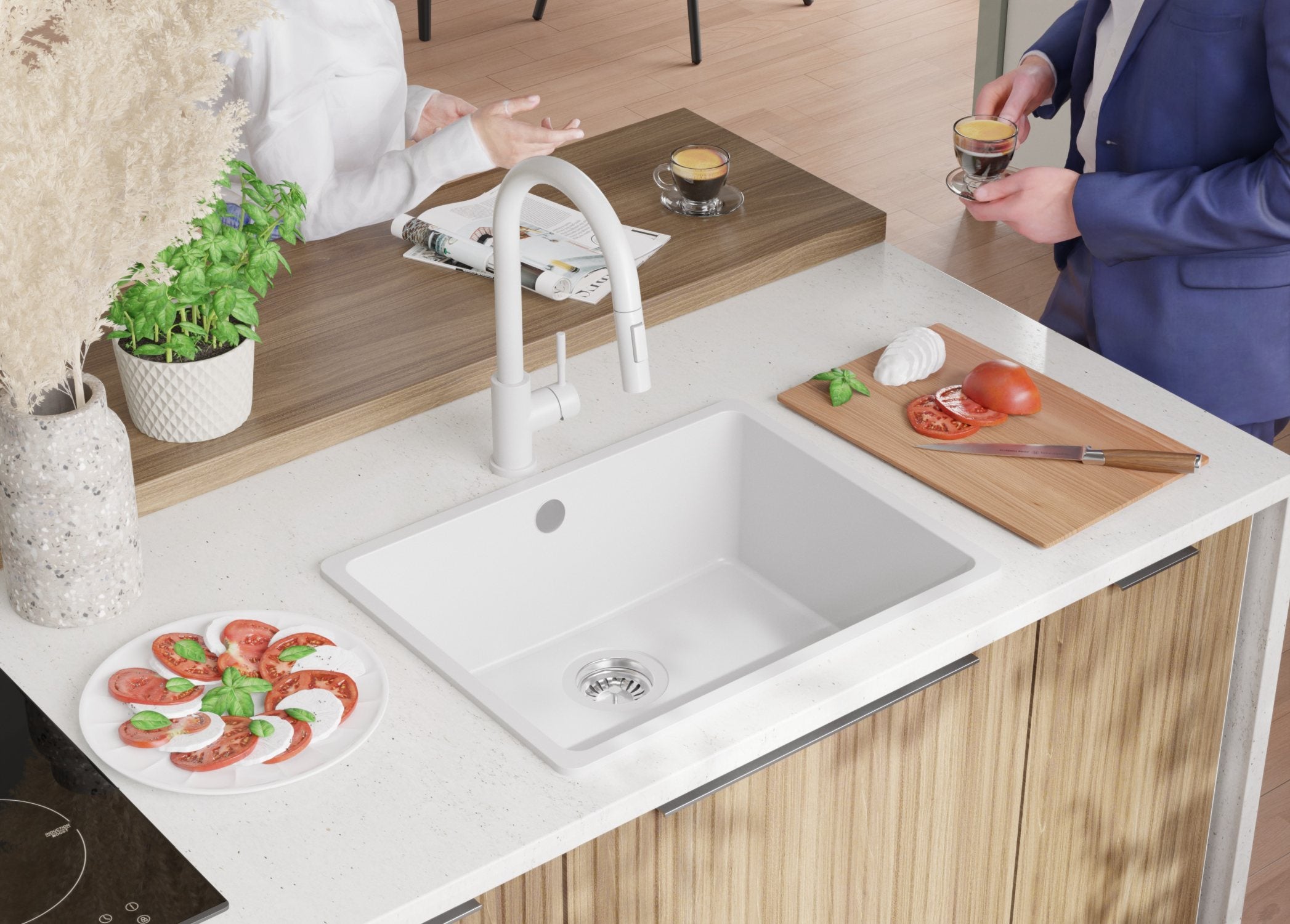 Lavello da Cucina Bianco 56x44cm, Lavandino in Granito a 1 vasca + Sifone Classico + Accessori, Lavabo da Cucina Incasso al mobile 60cm PRIMAGRAN - 4