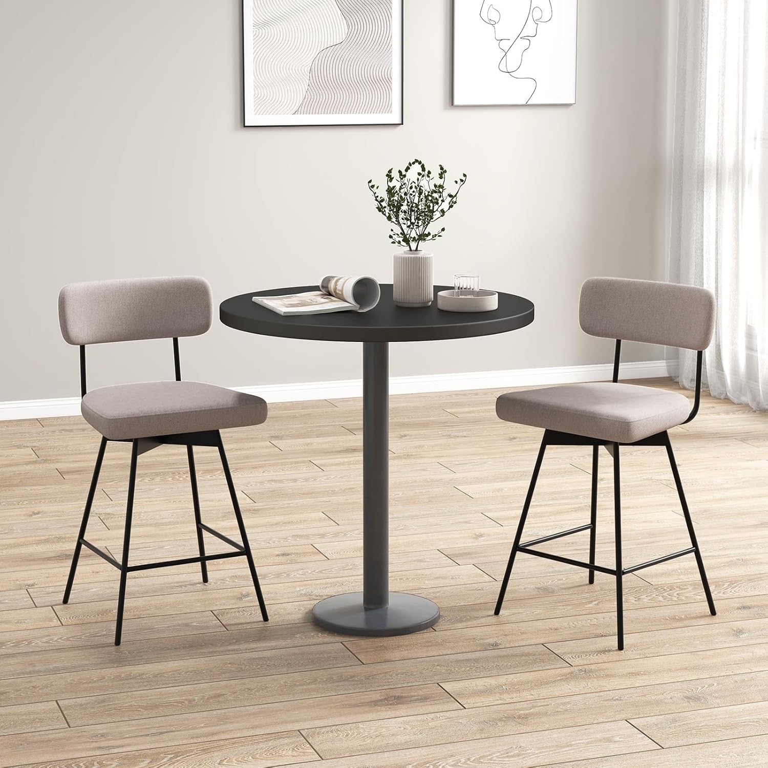 Zestaw 2 Stołków Barowych, Wysokość Siedziska 65 cm, Stołki Barowe z 4 Obrotowymi Nogami, Tapicerowane Krzesła Barowe, Tkanina Lniana, Oparcie, Beżowe