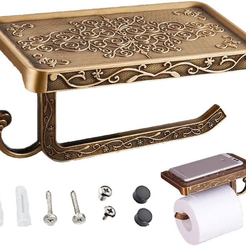 Uchwyt na papier toaletowy w stylu vintage z półką i haczykiem – uchwyt na rolkę papieru toaletowego (wykończenie w kolorze antycznego brązu)