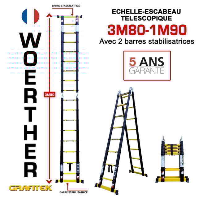 Scala-Scaletta Telescopica 3m80/1m90 Woerther con doppie barre stabilizzatrici – Garanzia 5 anni – Qualità superiore
