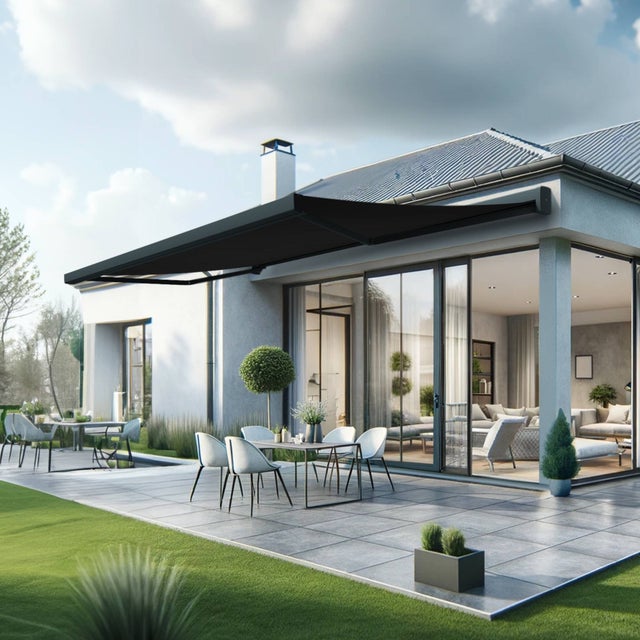 Store banne coffre AMURI 4.80 x 3.50m (Manuel - Toile : Gris foncé - Armature : Gris anthracite)