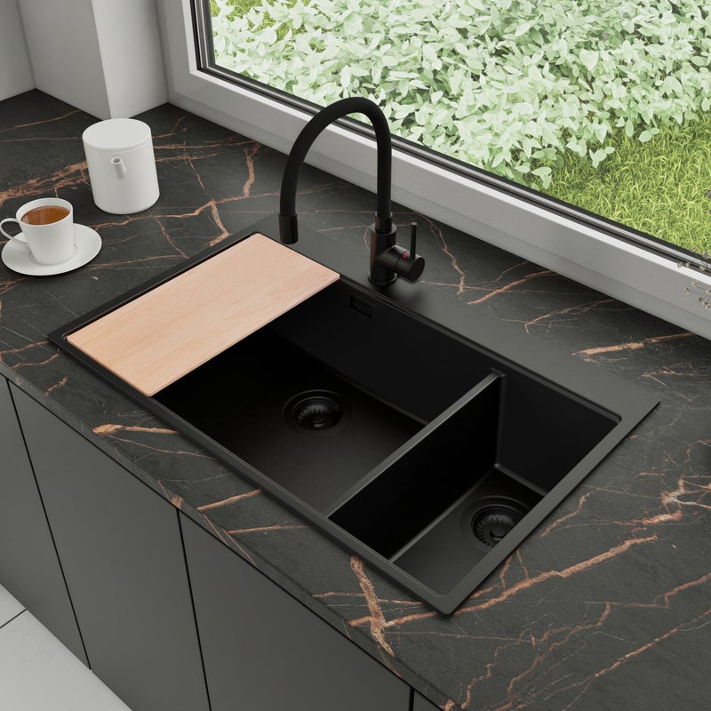 Zlewozmywak Granitowy 78x50cm, do szafki od 80cm + Bateria + Syfon + Deska - Rubin Cały Czarny STONESTYLE