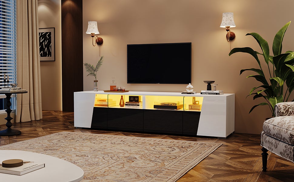 Stojak pod TV z 2 szufladami, 2 drzwiami i 2 przegrodami na telewizor 80 cali - 180 x 38,5 x 45 cm - diody LED - MDF + szkło - biały i czarny - 4