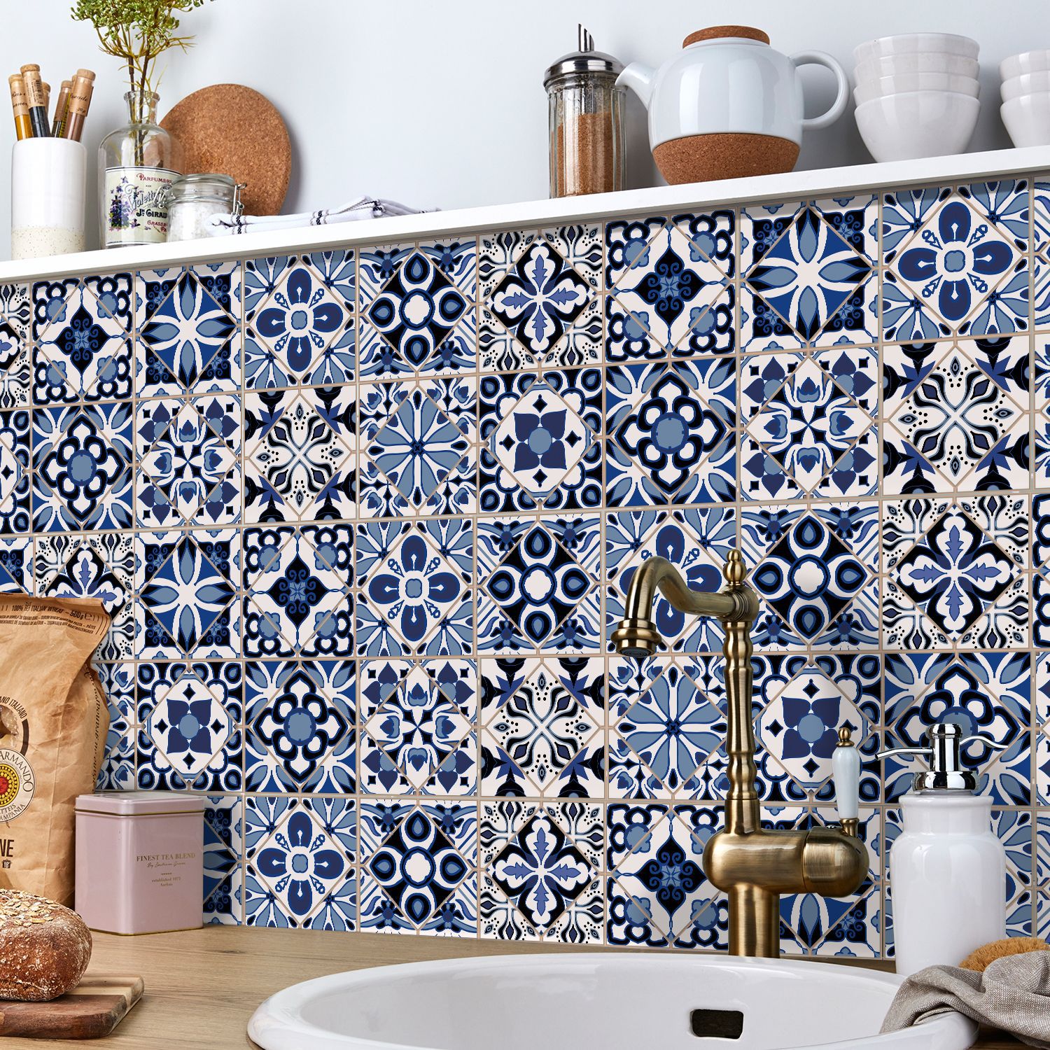 Lot de 24 stickers carrelage bleus style marocain, en PVC auto-adhésif et imperméable, adaptés aux cuisines, stickers de 15*15 cm - 3