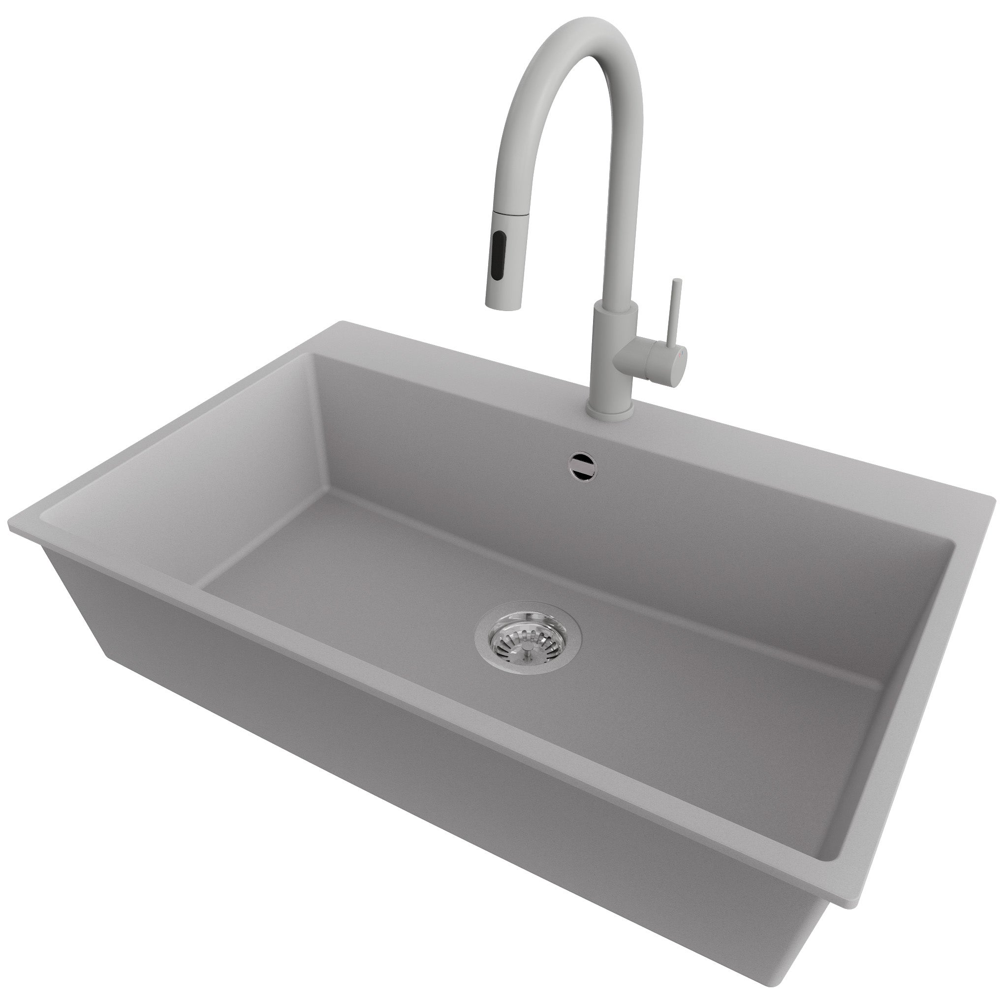 Zlewozmywak Granitowy Szary 78x50cm, Zlew Kuchenny 1 Komorowy + Bateria 40x20cm + Syfon, Nablatowy do szafki od 80cm - Ryga PRIMAGRAN