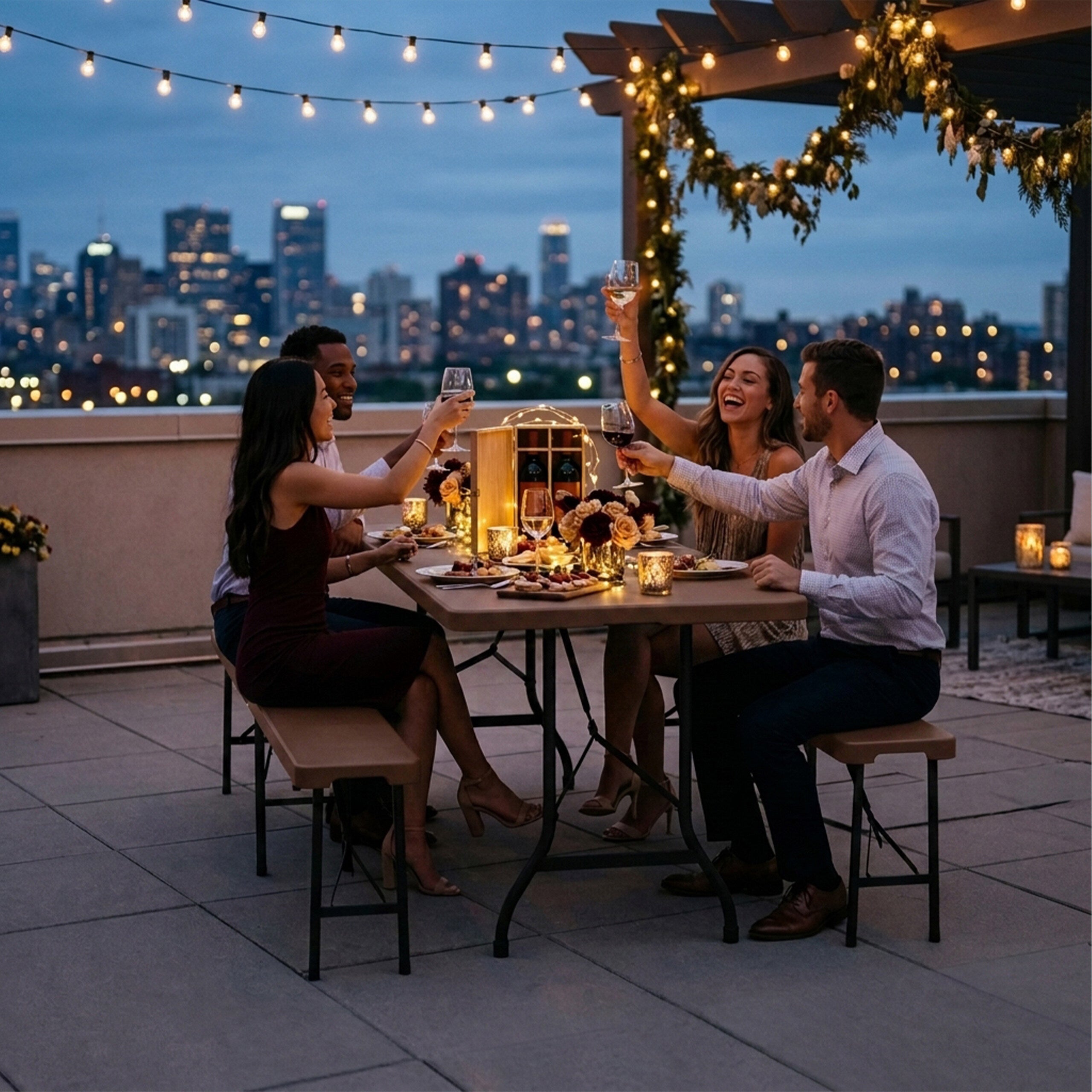 Conjunto de cervejaria dobrável, 3 peças, mesa de 180 cm e 2 bancos, PE e aço, para jardim, castanho, Relaxdays - 6