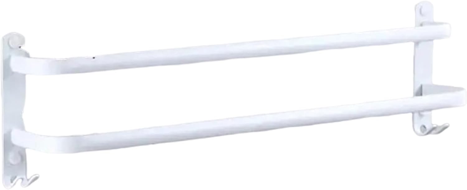 Wieszak na ręczniki łazienkowe, nie wymaga wiercenia, biały, ścienny, z 2 haczykami, biały aluminiowy drążek na ręczniki, 2-poziomowy, 50 cm