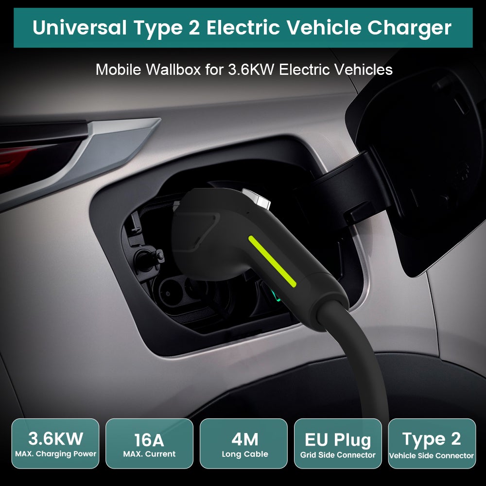 HEXINEX Carregador para Carros Elétricos 3.68 kW 16A Monofásico Type 2 - Cabo 4 m com Tomada Schuko, IEC62196 e IP67 - 7