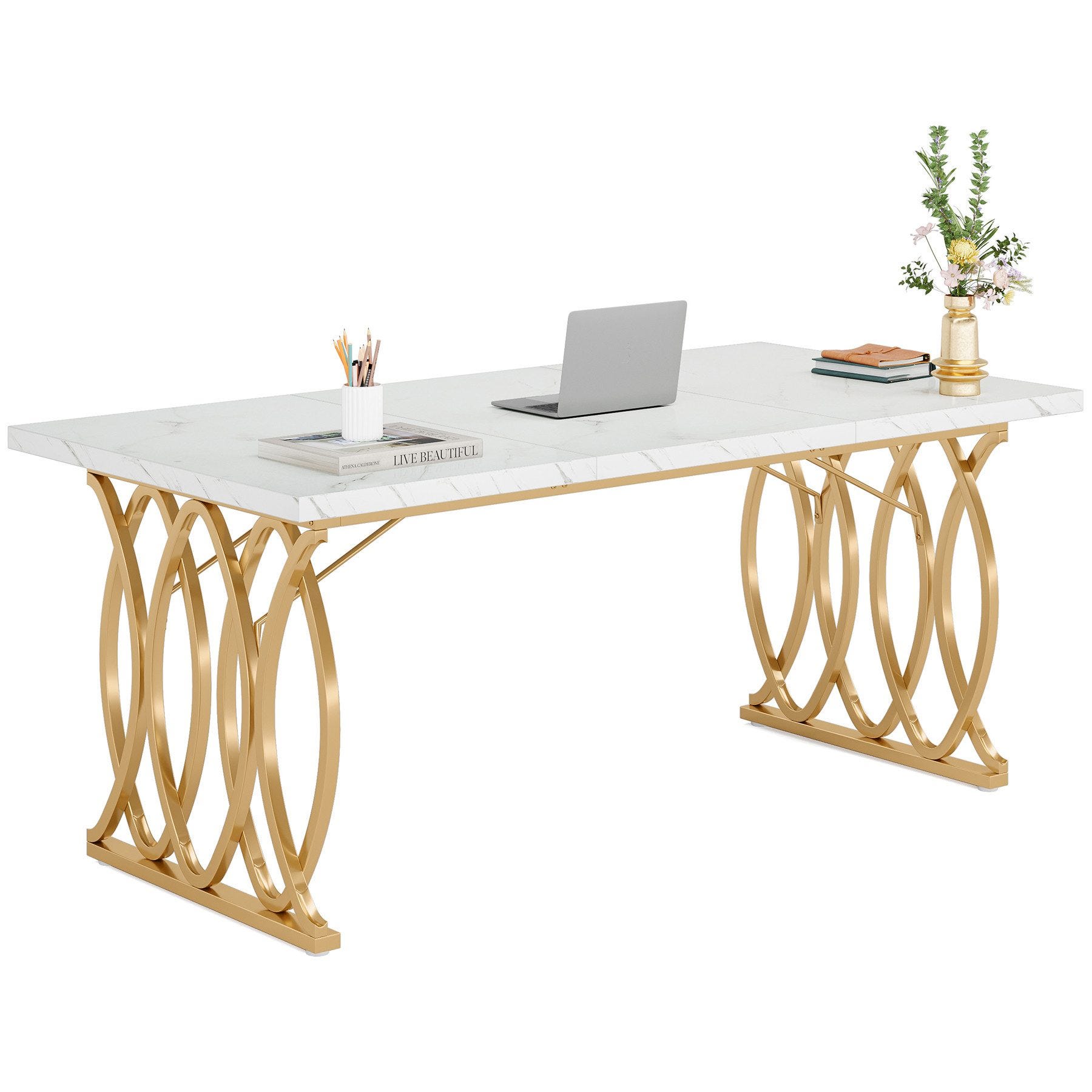 Tribesigns Computer Desk, Mesa de comedor de 160 cm con patas doradas ...