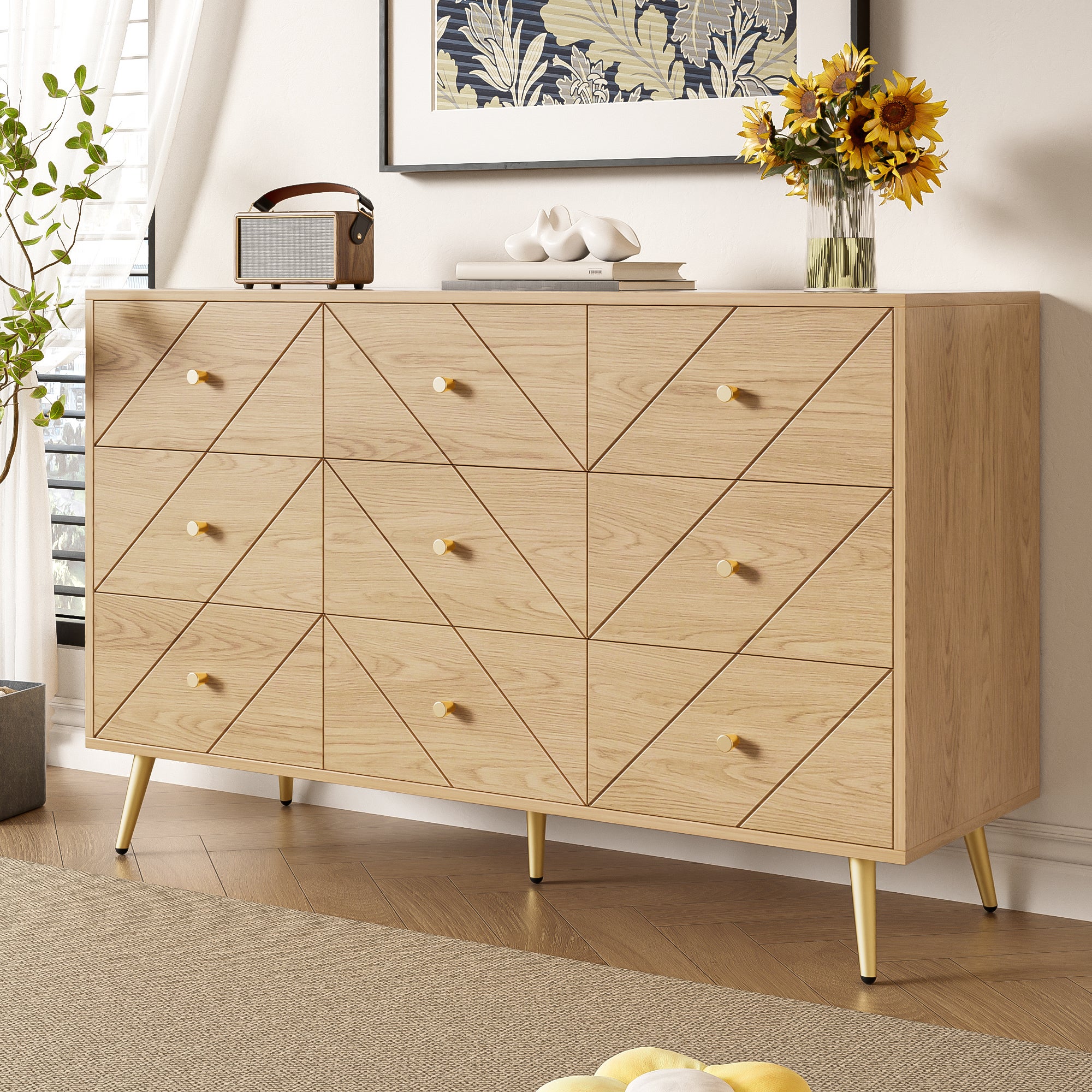 Cómoda moderna con 9 cajones - 120 x 39 x 80 cm - tablero de partículas y patas de hierro - Negro y natural - 2