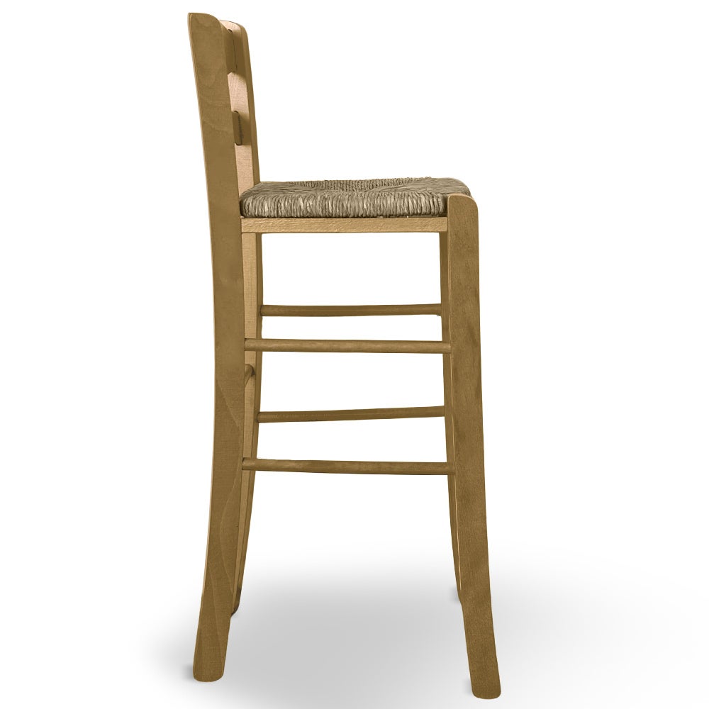 Sgabello in legno color noce chiaro con schienale h 67cm seduta in